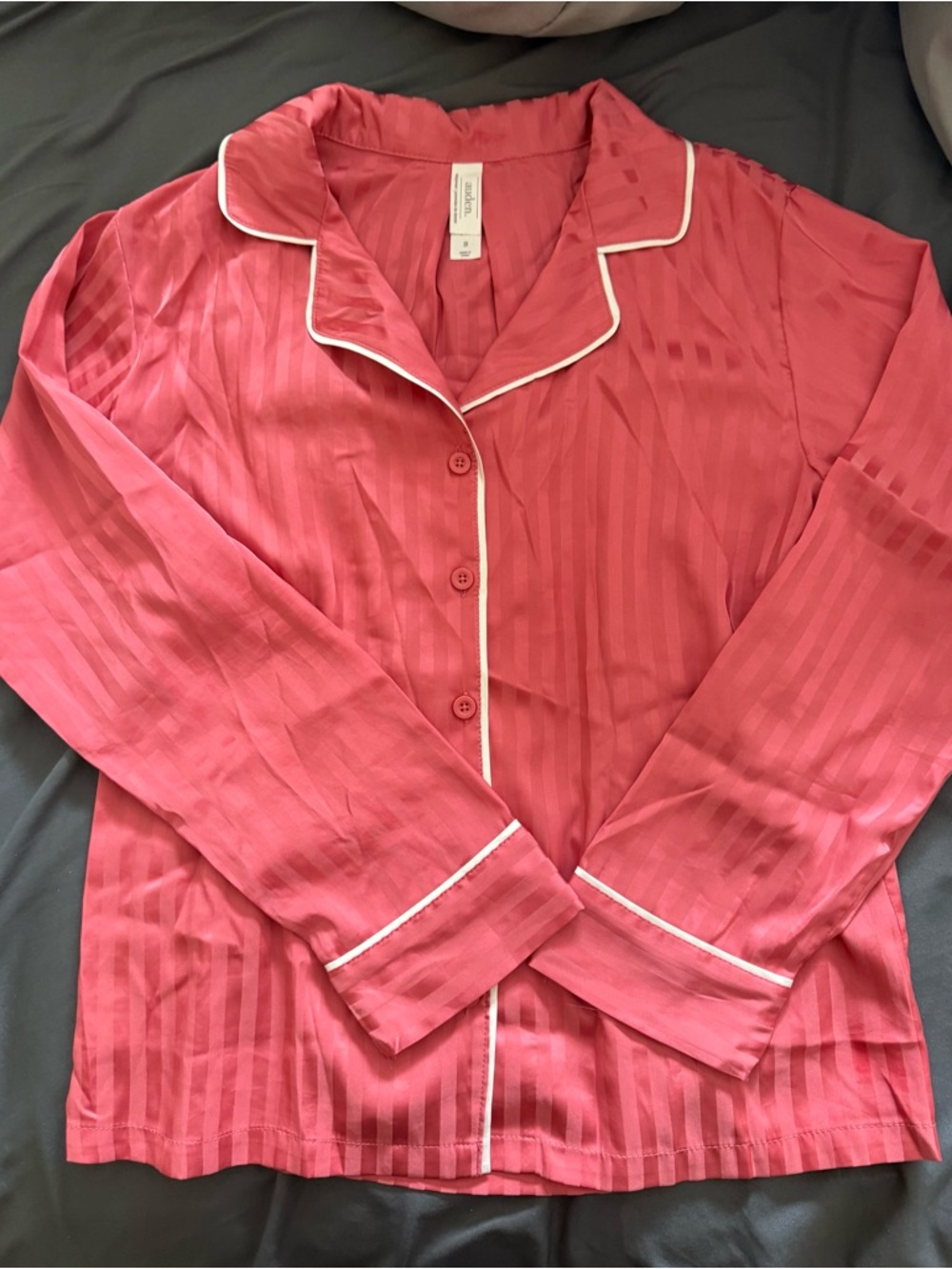 Auden Coral Pink Satin-Stripe Pajama Set with White Piping